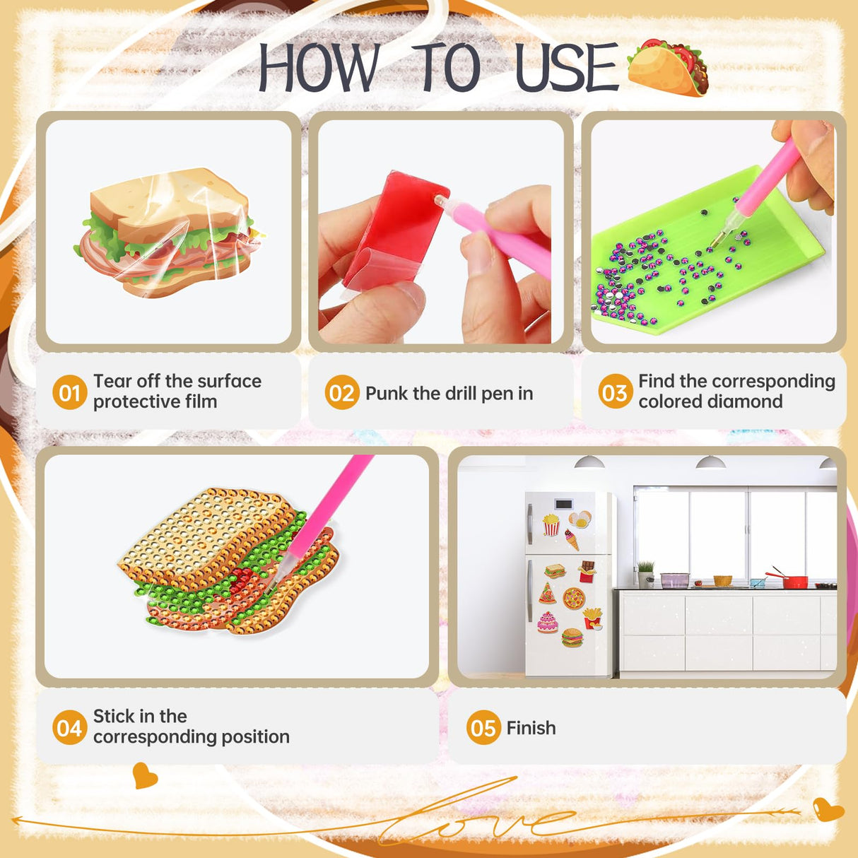 Sitsink Diamond Art Magnet Kit - Small Diamond Painting Refrigerator Magnets with Snacks Pattern, Rhinestone Gem Art Crafting Set for Adult Women (16 Pcs) Sitsink