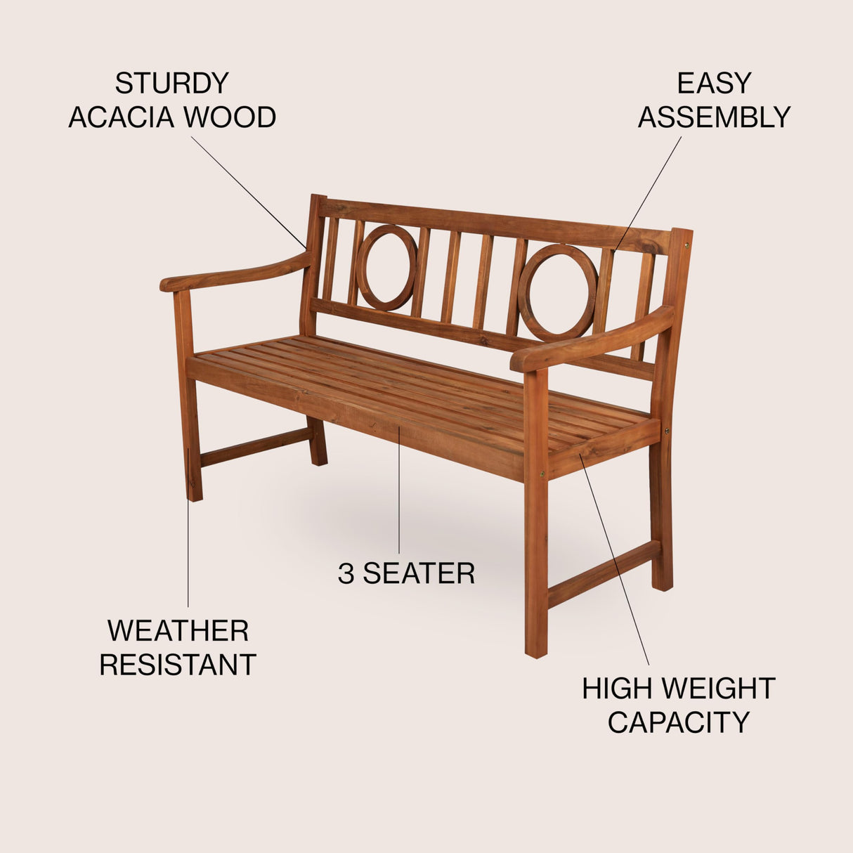 JONATHAN Y BNH104A Apollo 51.2" 3-Seat Circle-Back 600-Lbs Support Acacia Wood Outdoor Garden Patio Bench for Garden, Lawn, Backyard, Pool, Deck, Beach, Firepit, Teak JONATHAN Y