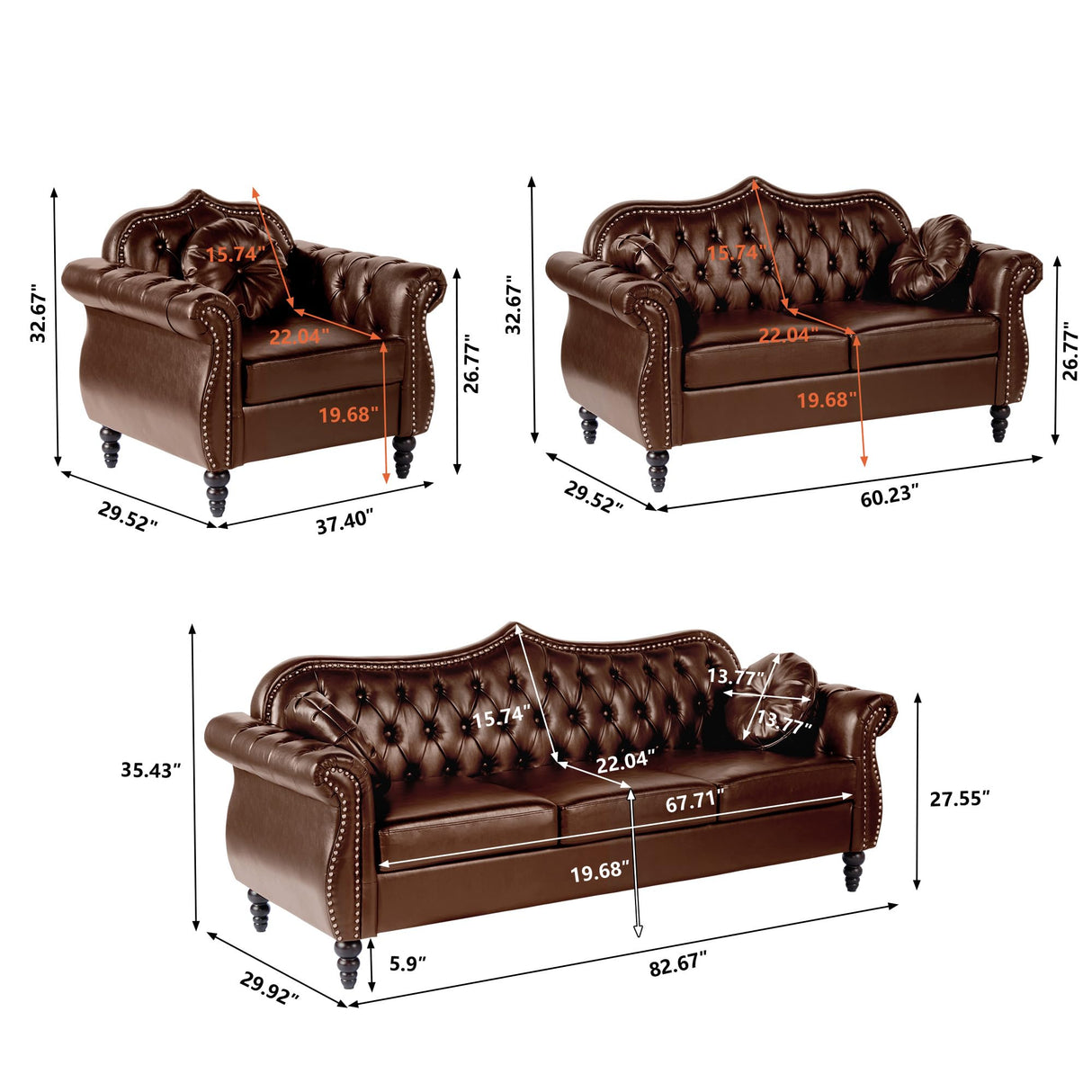 AVZEAR 60" Loveseat Sofa, Chesterfield Sofa, Mid-Century Modern PU Upholstered 2 Seater Sofa, Deep Button Tufted Living Room Sofa with Two Throw Pillows, Brown AVZEAR