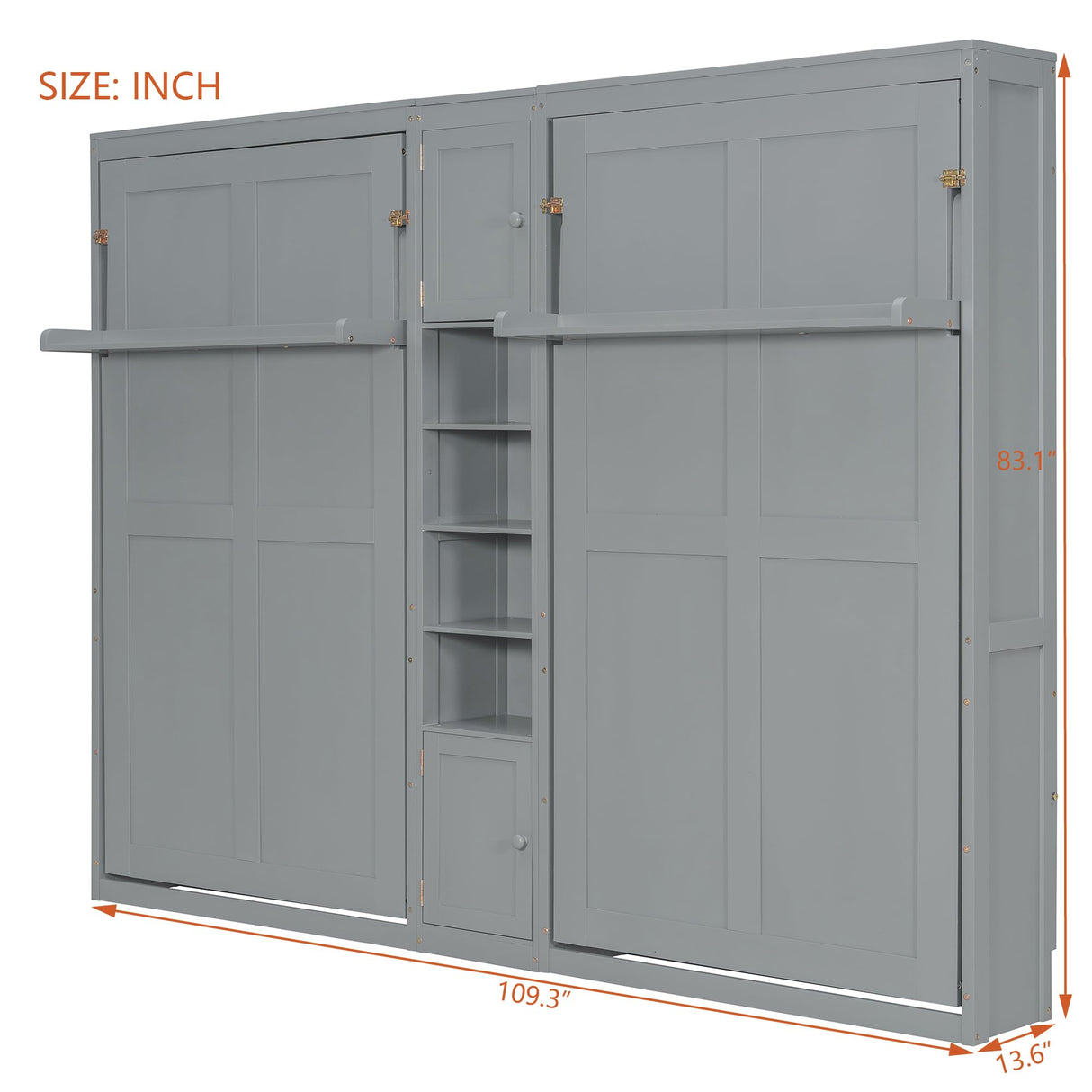 2-in-1 Design Dual Murphy Bed Twin Size with Cabinets and Shelves, Wood Wall Murphy Bed, Can be Folded Platform Bed with Convertible Shelf-Legs for Guest Room Home Office (Gray-7.23) XD Designs