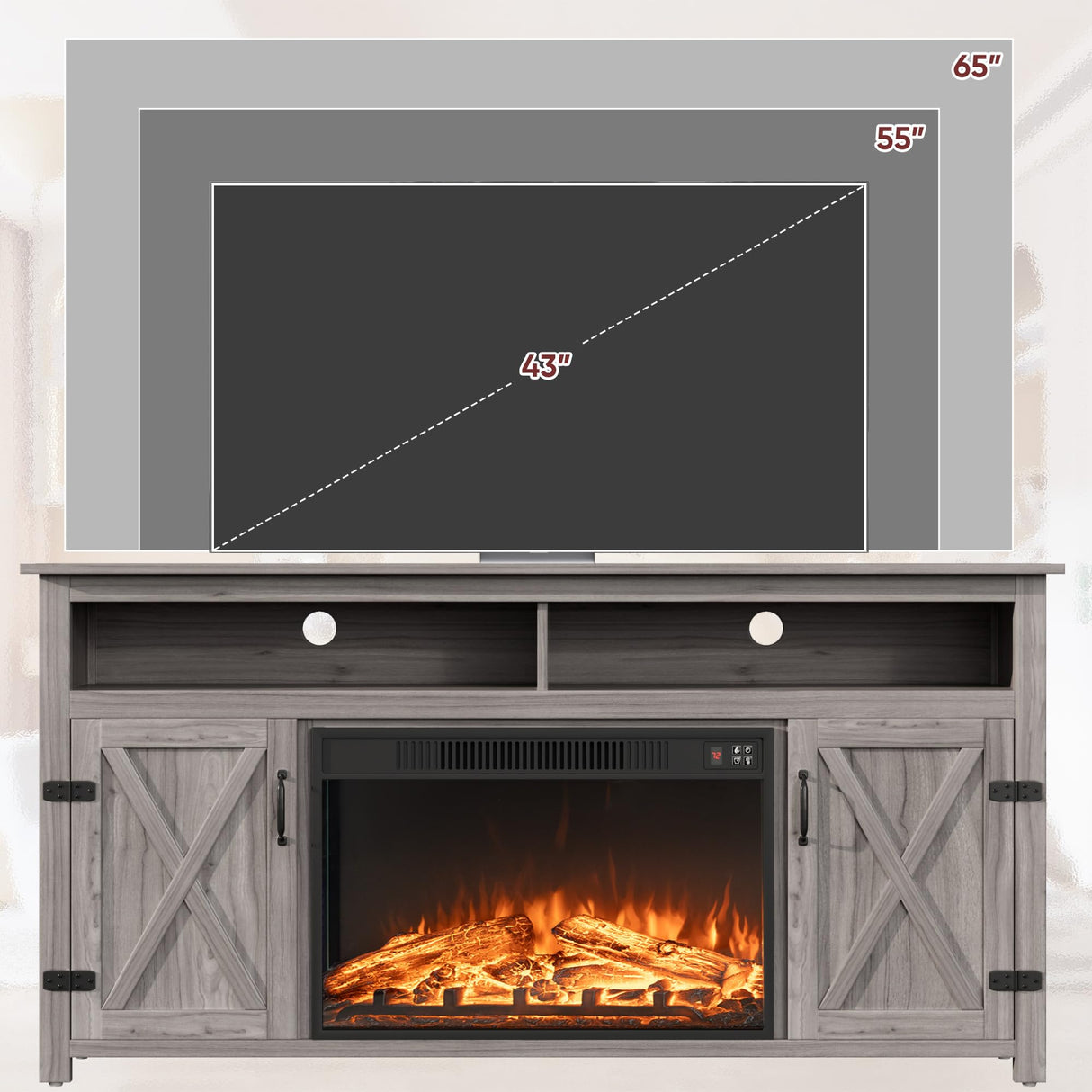 JUMMICO Fireplace TV Stand for TVs Up to 65+ Inch Entertainment Center with Open Storage Shelves and Side Cabinets, Media Console Table with Barn Doors for Living Room (Grey) JUMMICO