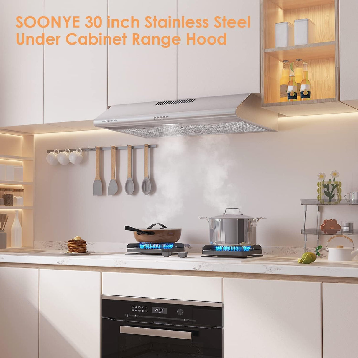 SOONYE 30 inch Stainless Steel Under Cabinet Range Hood, Slim Kitchen Vent Hood Ducted/Ductless Convertible with 3 Speed Controls, 5-Layer Aluminum Filters,LED Lights Soonye
