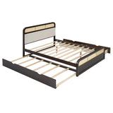 Ball & Cast Queen Wooden Platform Bed with Pull Out Trundle & Storage Drawers,Classic Bedframe W/Luxurious Padding Headboard,Rattan Accent,Modern Furniture for Bedroom Guest Room Apartment,Espresso Ball & Cast