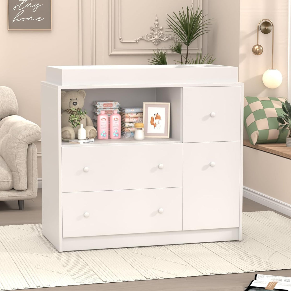 GOFEI Baby Changing Dresser with Large Tabletop, 3 Drawers, Open Storage Space, and Open Storage Shelf – Ideal Changing Table for Nurseries and Baby Rooms GOFEI