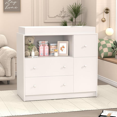 GOFEI Baby Changing Dresser with Large Tabletop, 3 Drawers, Open Storage Space, and Open Storage Shelf – Ideal Changing Table for Nurseries and Baby Rooms GOFEI