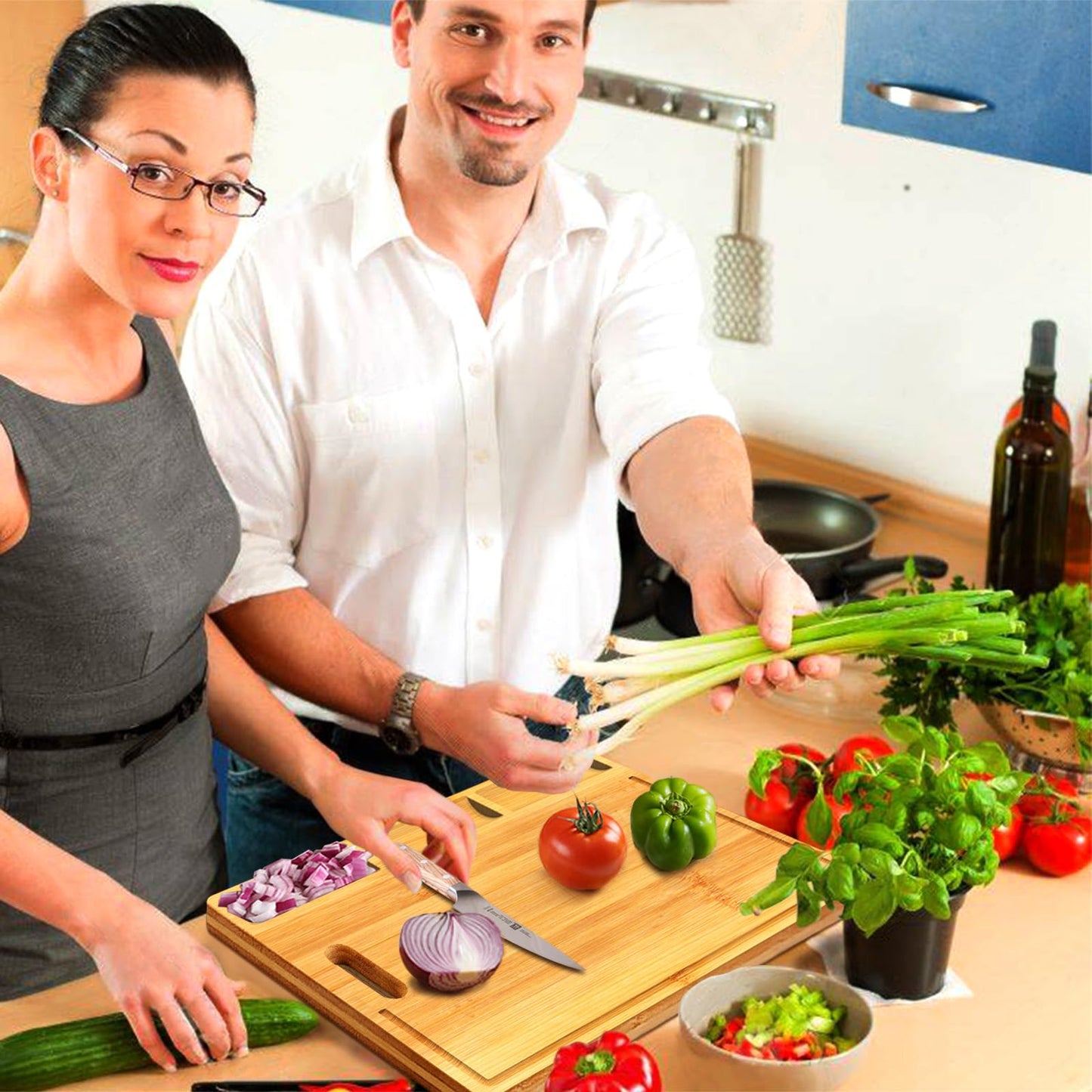 Cutting Boards,Large Bamboo Chopping Board, Built-In 3 Compartments And Juice Grooves, Charcuterie Board for Kitchen Counter Meat (Butcher Block) - WoodArtSupply