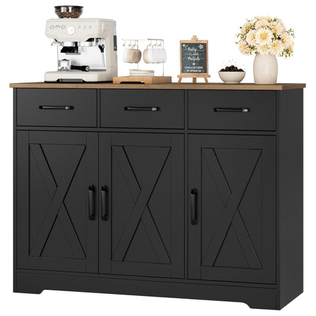 HOSTACK Modern Farmhouse Buffet Sideboard Cabinet, Barn Doors Storage Cabinet with Drawers and Shelves, Wood Coffee Bar Cabinet with Storage for Dining Room, Kitchen, Living Room, Black/Rustic Brown HOSTACK
