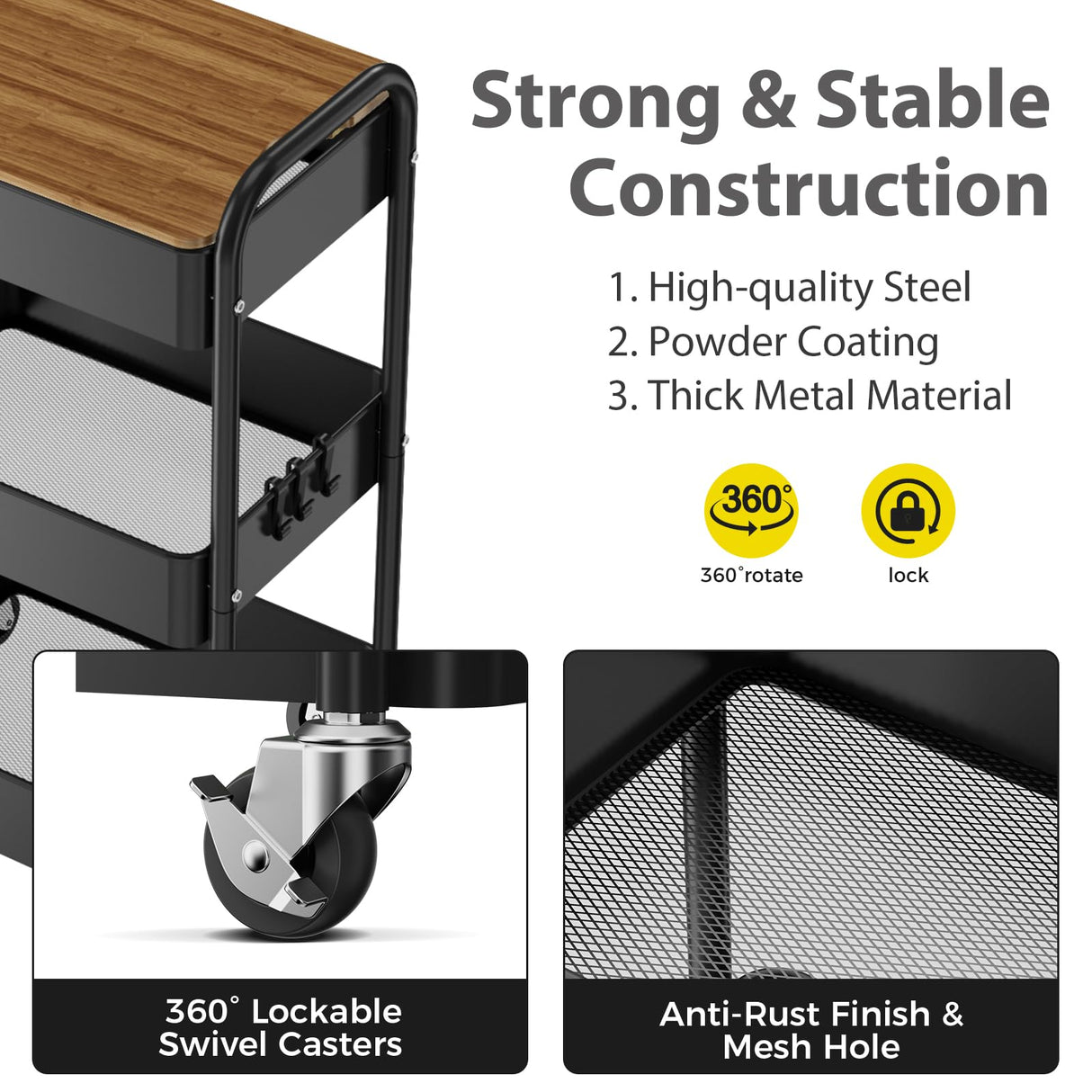 johgee 3 Tier Rolling Cart with Table top, Metal Utility Cart, Sturdy Storage Organizer Cart with Locking Wheels & Hooks for Office, Classroom, Kitchen and Bathroom johgee