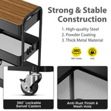 johgee 3 Tier Rolling Cart with Table top, Metal Utility Cart, Sturdy Storage Organizer Cart with Locking Wheels & Hooks for Office, Classroom, Kitchen and Bathroom johgee