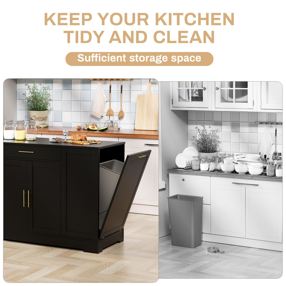 MAMIZO 53" Kitchen Island with Storage, Kitchen Cart W/Tilt Out Trash Can Holder & Solid Wood Top, Breakfast Bar W/3-Layer Side Shelf, Large Storage Cabinet W/Adjustable Shelve, Spice Rack, Drawers MAMIZO