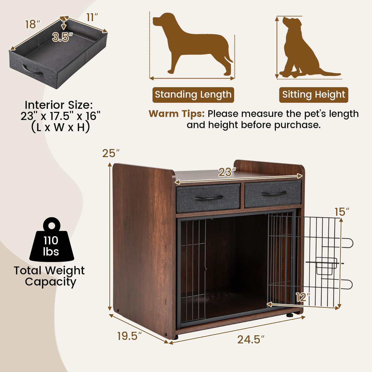 Giantex Dog Crate Furniture - Wooden Dog Cage End Table with 2 Storage Drawers, Latched Door, Pet House Dog Kennel Indoor for Small Dogs, Furniture-Style Dog Crate Side Table, Brown Giantex