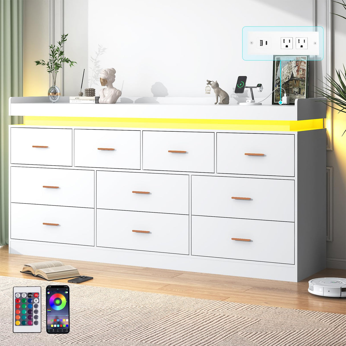 jiteentarou 10 Drawer Dresser with Charging Station and LED Lights, Modern Chest of Drawers with Power Outlet, Organizer Cabinet for, Living Room, Entryway, White jiteentarou
