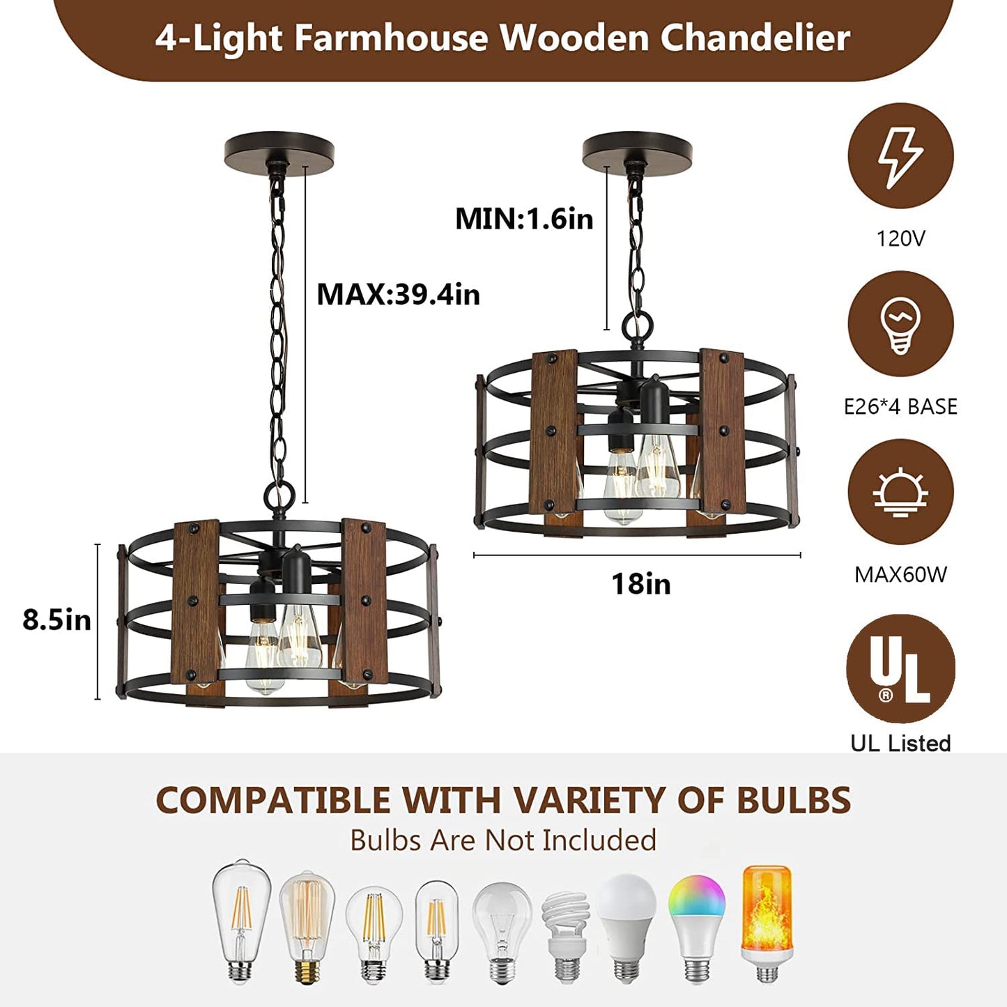 DLLT 4-Light Farmhouse Chandelier Light Fixtures Adjustable Height, Rustic Drum Pendant Light for Living Room, Dining Room, Bedroom, Foyers, Walnut Wood and Black Metal Finish, E26 Base