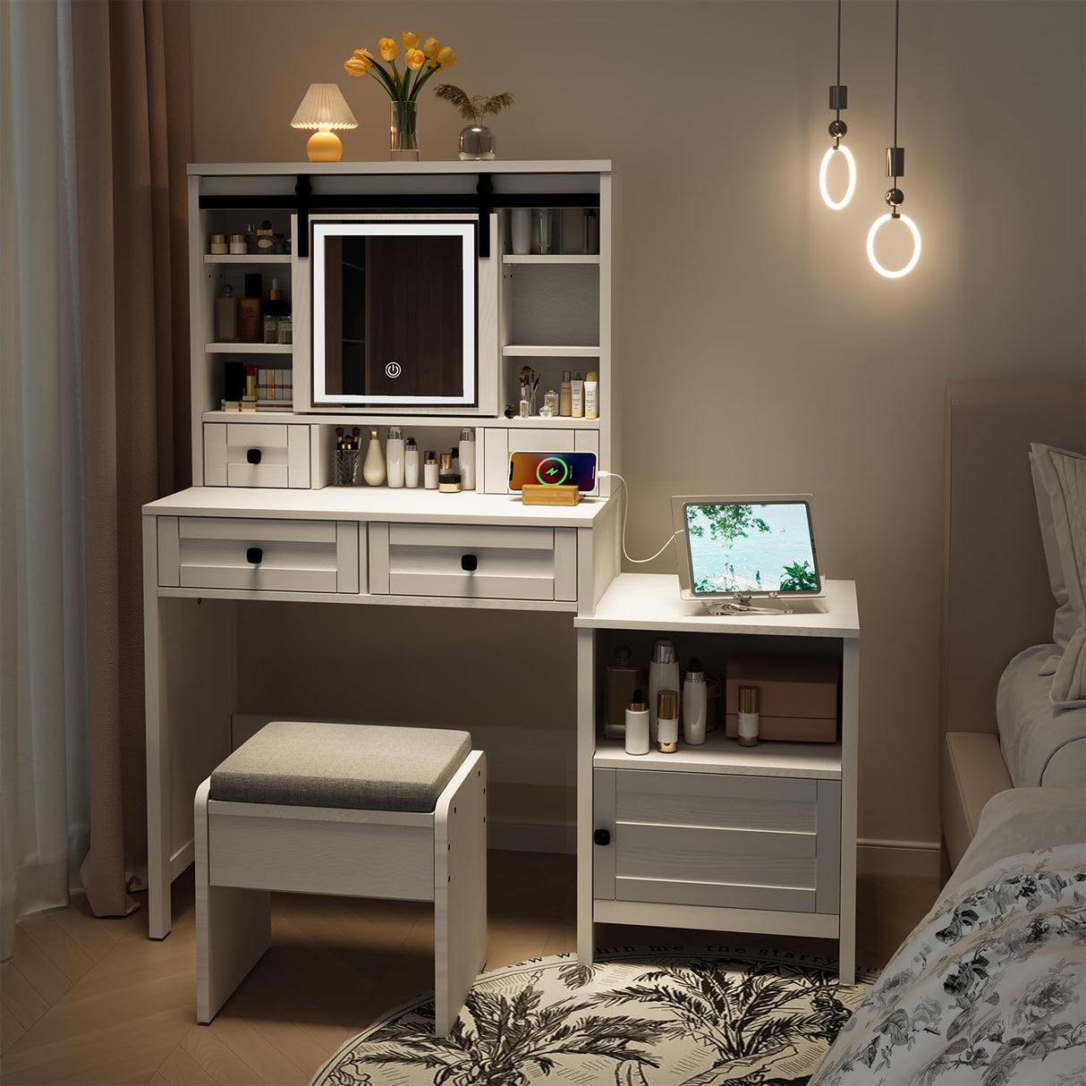 MECHYIN Vanity Desk with Sliding Mirror and Lights, 49'' Farmhouse Makeup Vanity with Nightstand & Power Outlet, Vanity Table with Drawers, Storage Shelves, Dressing Table Set with Stool for Bedroom MECHYIN