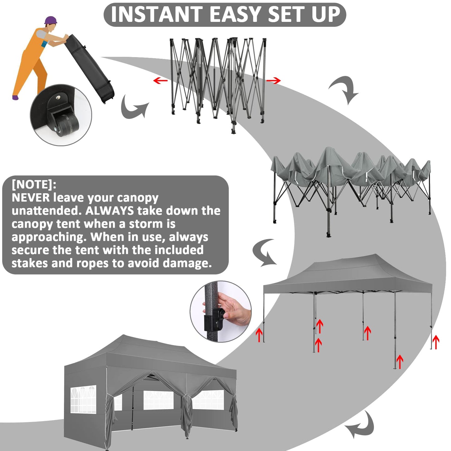 COBIZI 10x20 Pop Up Canopy with 6 Sidewall,Heavy Duty Canopy UPF 50+ All Season Wind Waterproof Commercial Outdoor Wedding Party Tents for Parties Canopy Gazebo with Roller Bag(10 x 20 ft Gray)