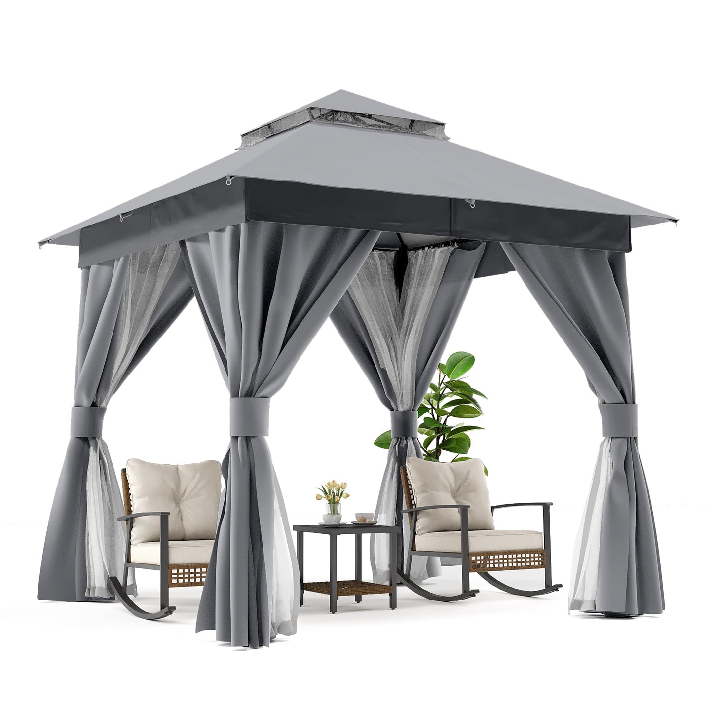 LAUSAINT HOME Outdoor Patio Gazebo 8'x8' with Expansion Bolts, Heavy Duty Gazebos Shelter Party Tent with Double Roofs, Mosquito Nettings and Privacy Screens for Backyard, Garden, Lawn, Smoke Grey