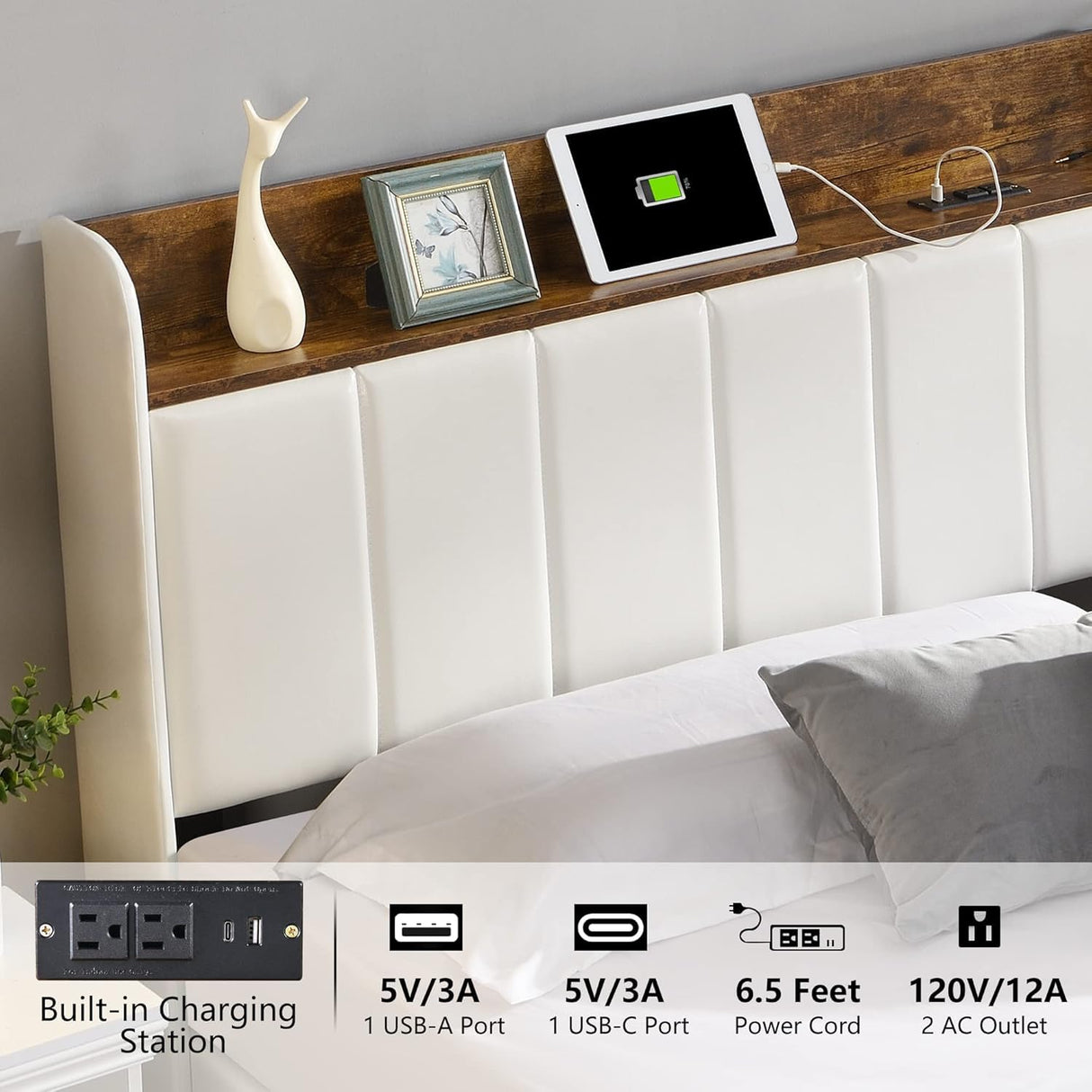 XKLOGER Queen Bed Frame with Headboard & Charging Station, Upholstered Platform Bed Frame with 2 Storage Drawers, Sturdy Wooden Slats Support/No Box Spring Needed/Noise Free/Easy Assembly/White XKLOGER