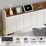 XKLOGER Queen Bed Frame with Headboard & Charging Station, Upholstered Platform Bed Frame with 2 Storage Drawers, Sturdy Wooden Slats Support/No Box Spring Needed/Noise Free/Easy Assembly/White XKLOGER