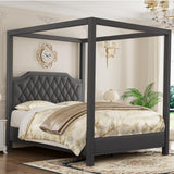 GAOMON Queen Canopy Bed Frame with Upholstered Headboard, Four Poster Design, Button Tufted, and Slide Rail, No Box Spring Required, Wooden Slatted Structure, Gray GAOMON