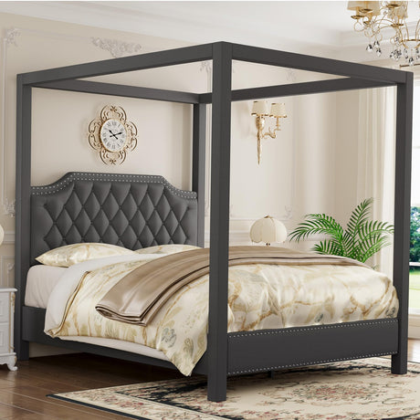 GAOMON Queen Canopy Bed Frame with Upholstered Headboard, Four Poster Design, Button Tufted, and Slide Rail, No Box Spring Required, Wooden Slatted Structure, Gray GAOMON