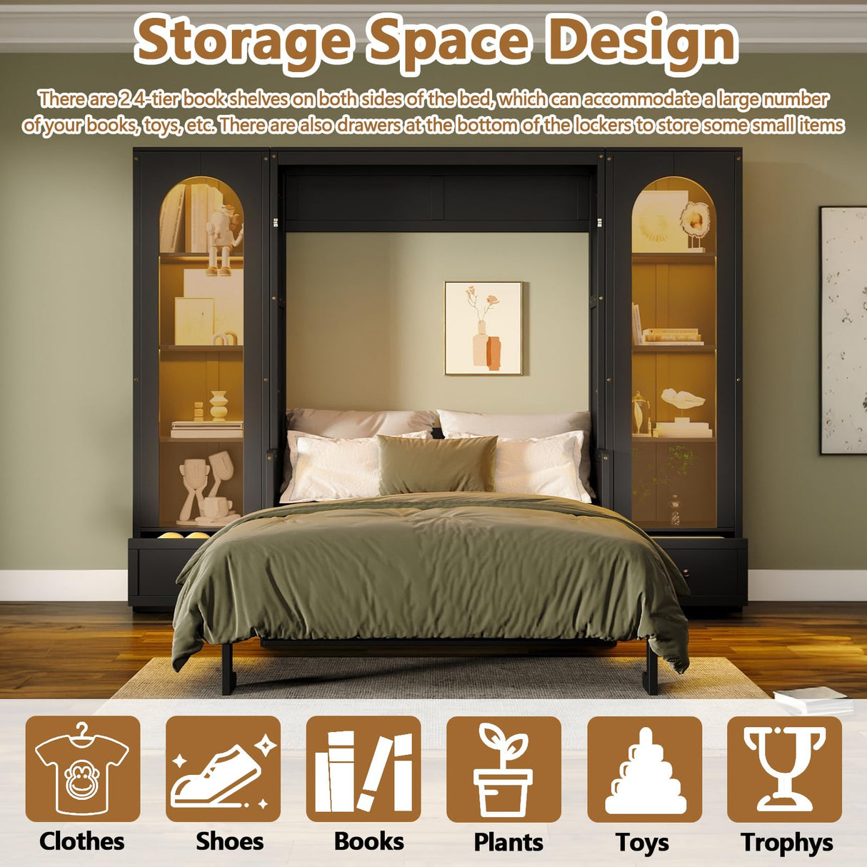 HSUFLWS Queen Size Murphy Bed with Shelves & Cabinets, Foldable Wall Bed with LED Lights, Drawers & Desk, Modern Space Saving Wooden Bed Frame, 500 lbs Capacity (Black) HSUFLWS