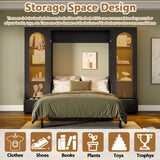 HSUFLWS Queen Size Murphy Bed with Shelves & Cabinets, Foldable Wall Bed with LED Lights, Drawers & Desk, Modern Space Saving Wooden Bed Frame, 500 lbs Capacity (Black) HSUFLWS