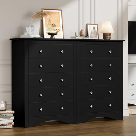 Flamaker Tall Dresser for Bedroom, 5 Drawer Dresser, Wood Dressers, Wide Chest of Drawer, Storage Drawers, Storage Organizer for Closet, Hallway (Black) Flamaker