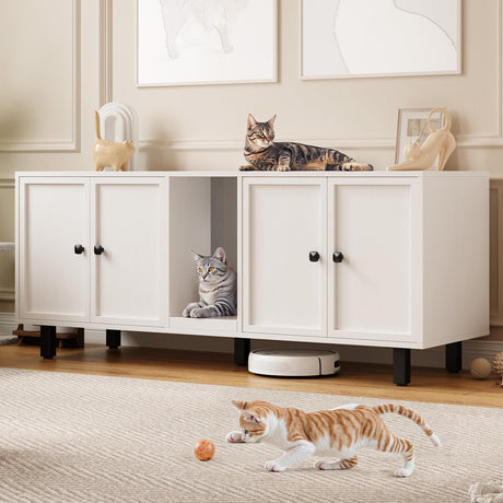 ONBRILL 59 Inches Cat Litter Box Enclosure for 2 Cats, Hidden Litter Boxes Furniture with Cat Scratch Pad, Large Indoor Pet House with Double Room, Wooden TV Stand Side Table, Off White ONBRILL