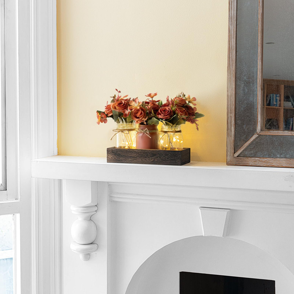 Mkono Mason Jar Lights Centerpiece Table Decorations for Dining Room Farmhouse Coffee Table Decor Tray with 3 Jars Flowers Centerpieces Fall Decor for Kitchen Living Dining Room, Orange Mkono