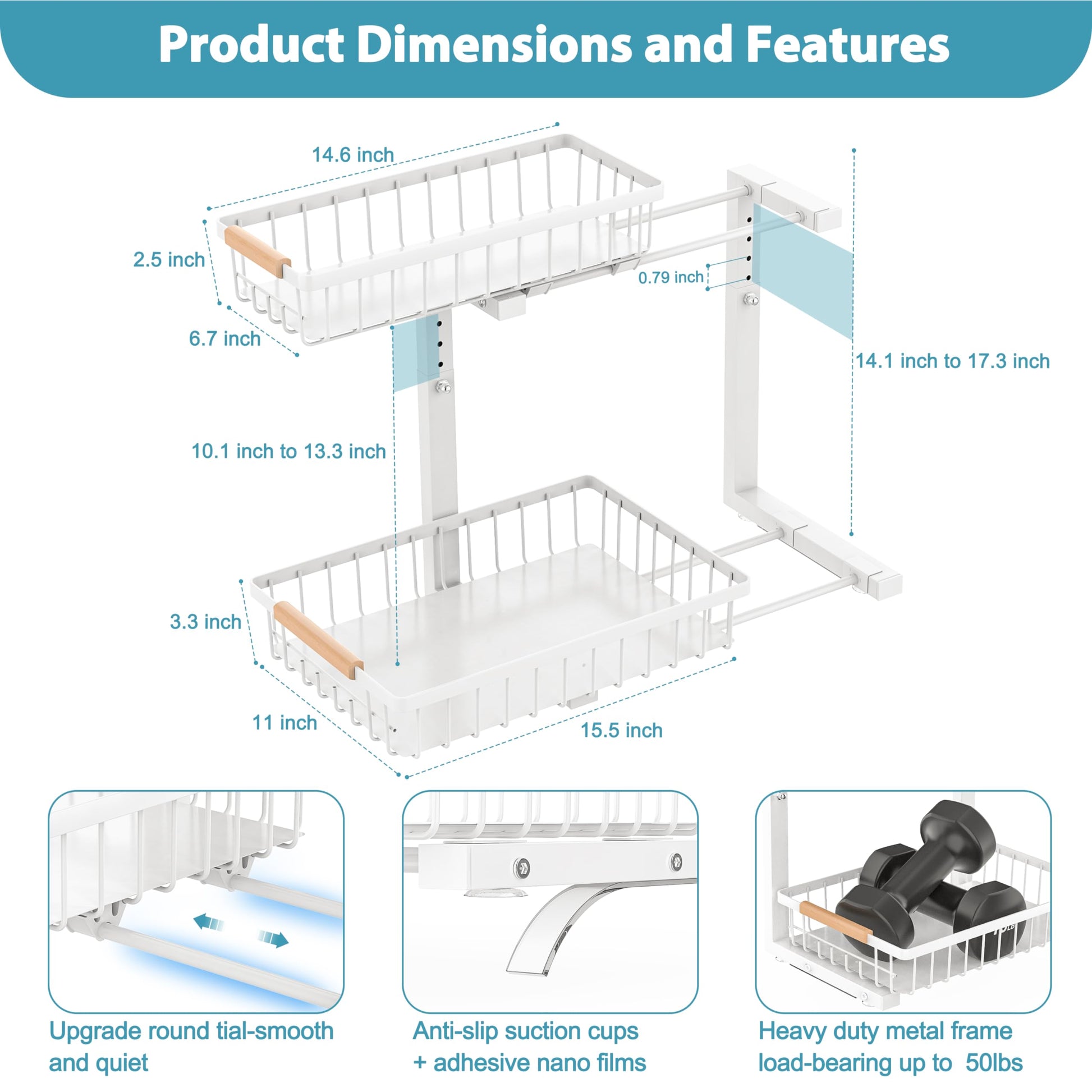 Liuoud Under Sink Organizer 2 pack, 2 Tier Slide Out Under Sink Organizers And Storage, Height Adjustable Pull Out Cabinet Organizer Drawers, Kitchen Bathroom Metal Sink Storage Shelves, Whit - WoodArtSupply