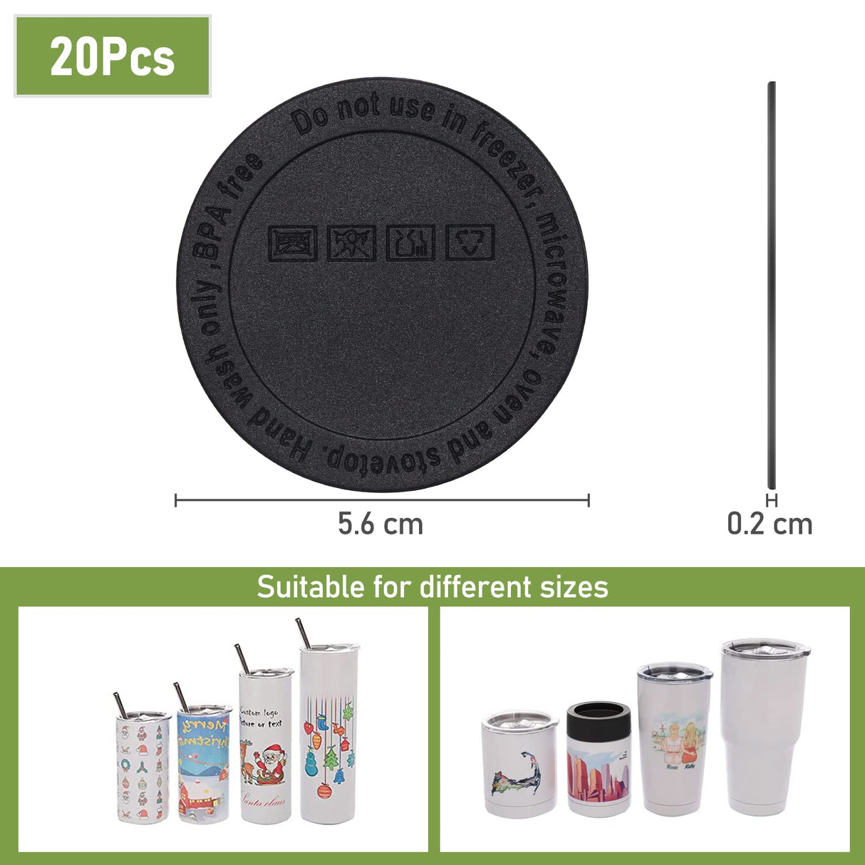 20Pcs Rubber Bottoms for Sublimation Tumblers,Protective Anti-Slip Silicone Bottoms with Adhesive for Skinny Tumblers, Thermal Bottle,Mason Jars (56mm , Black) HOYDATE