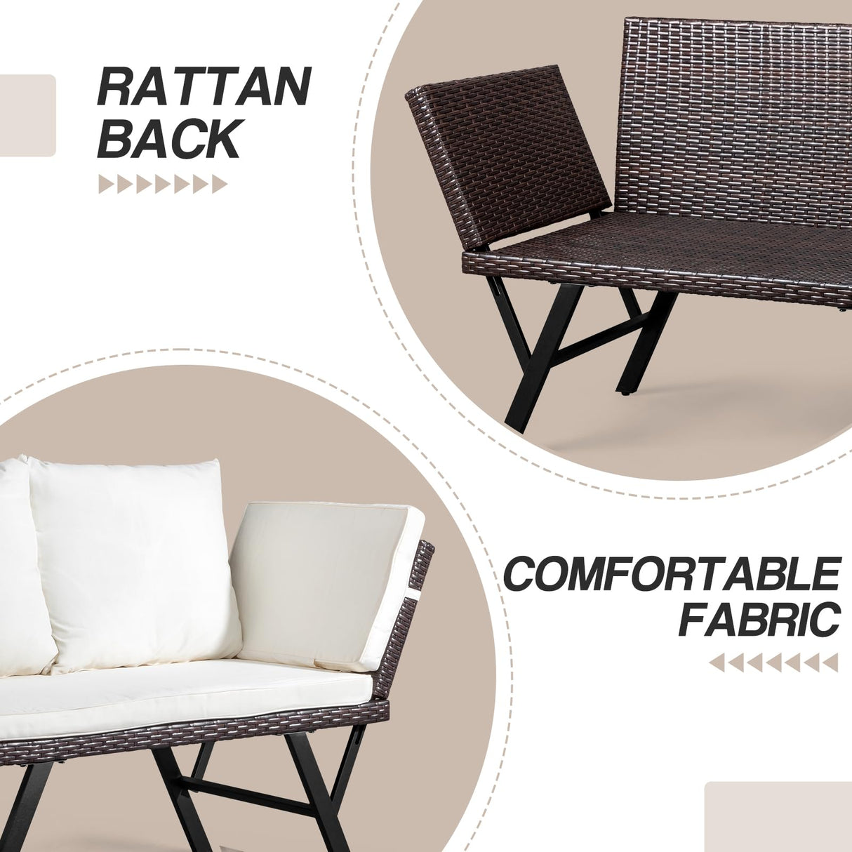 VINGLI Outdoor Loveseat, Woven Rattan Outdoor Sofa with Adjustable Armrests, Patio Loveseat with Removable Cushions and Pillows, Convertible Patio Couch for Yard Pool Balcony VINGLI