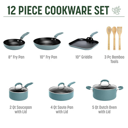 Goodful Ceramic Nonstick Pots and Pans Set, Premium Ceramic Coating Made without PFOA, PTFE or PFAS, Dishwasher Safe, 12-Piece, Turquoise