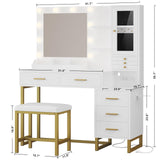 IRONCK Vanity Desk with Mirror and Lights, Makeup Vanity Table with 5 Drawers & Shelves, Power Outlet, Vanity Stool, Dressing Table with Jewelry Storage for Bedroom, White & Gold IRONCK