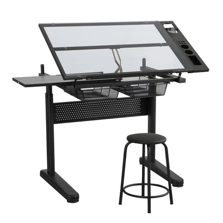 Msaleen Upgraded Glass Drafting Table Desk – Adjustable Height Adjustable Drawing Desk Craft Work for Artists and Designers (Black, 29.52''- 41.33'' H) Msaleen
