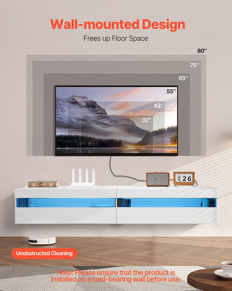 VEVOR Floating TV Stand, 71 in Wall Mount Entertainment Center with Power Outlet & LED Lights, Modern Floating TV Shelf with 2 Drawers & Storage Cabinet for DVD Player, Cable Box, Game Console, White VEVOR