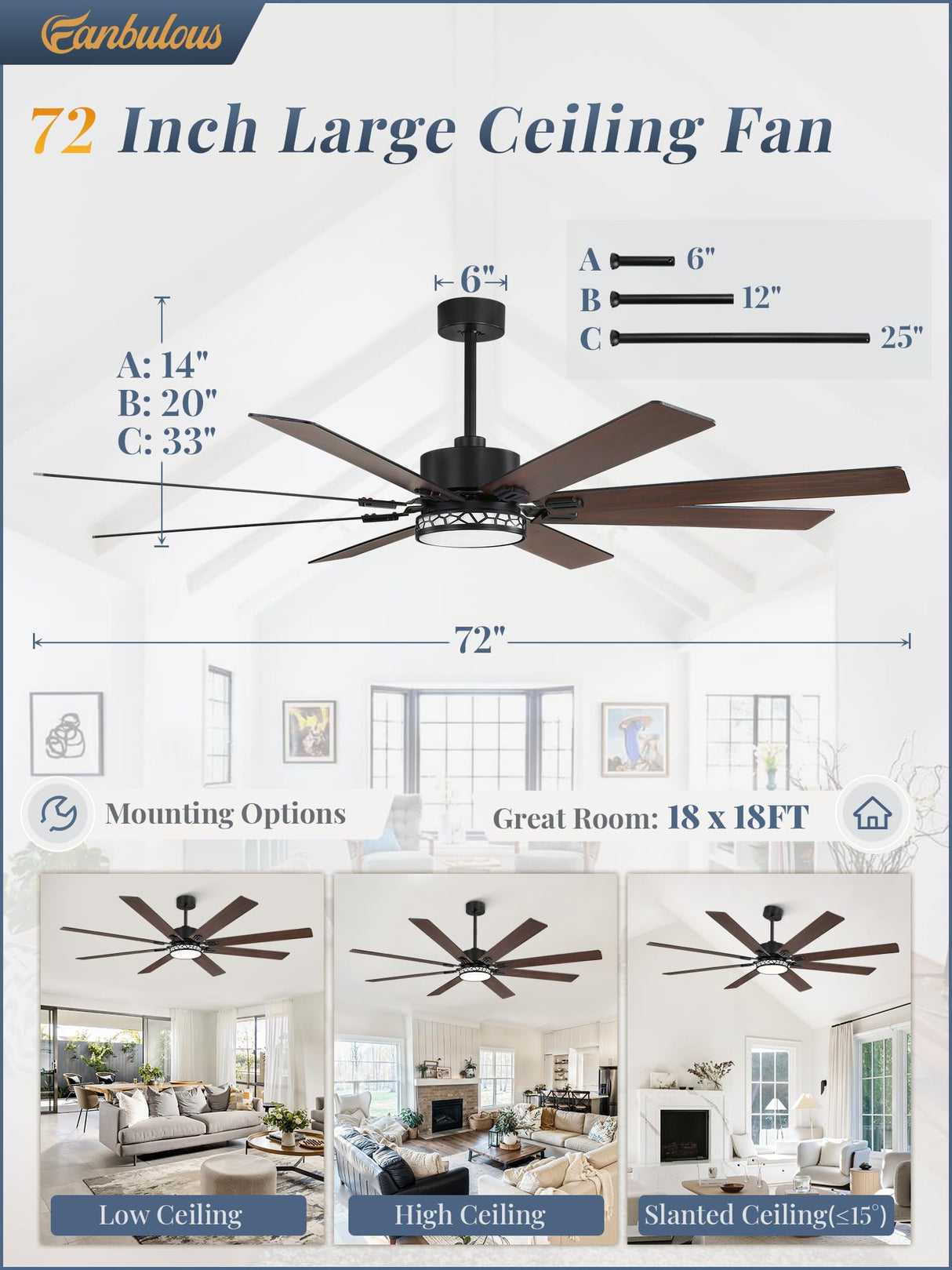 Fanbulous 72 Inch Large Ceiling Fans with Lights, Farmhouse Ceiling Fan with Light and Remote, Dual Finish 8 Blades, Reversible DC Motor,3 CCT, 6 Speed, Modern Ceiling Fan for Living Room Patio, Black Fanbulous