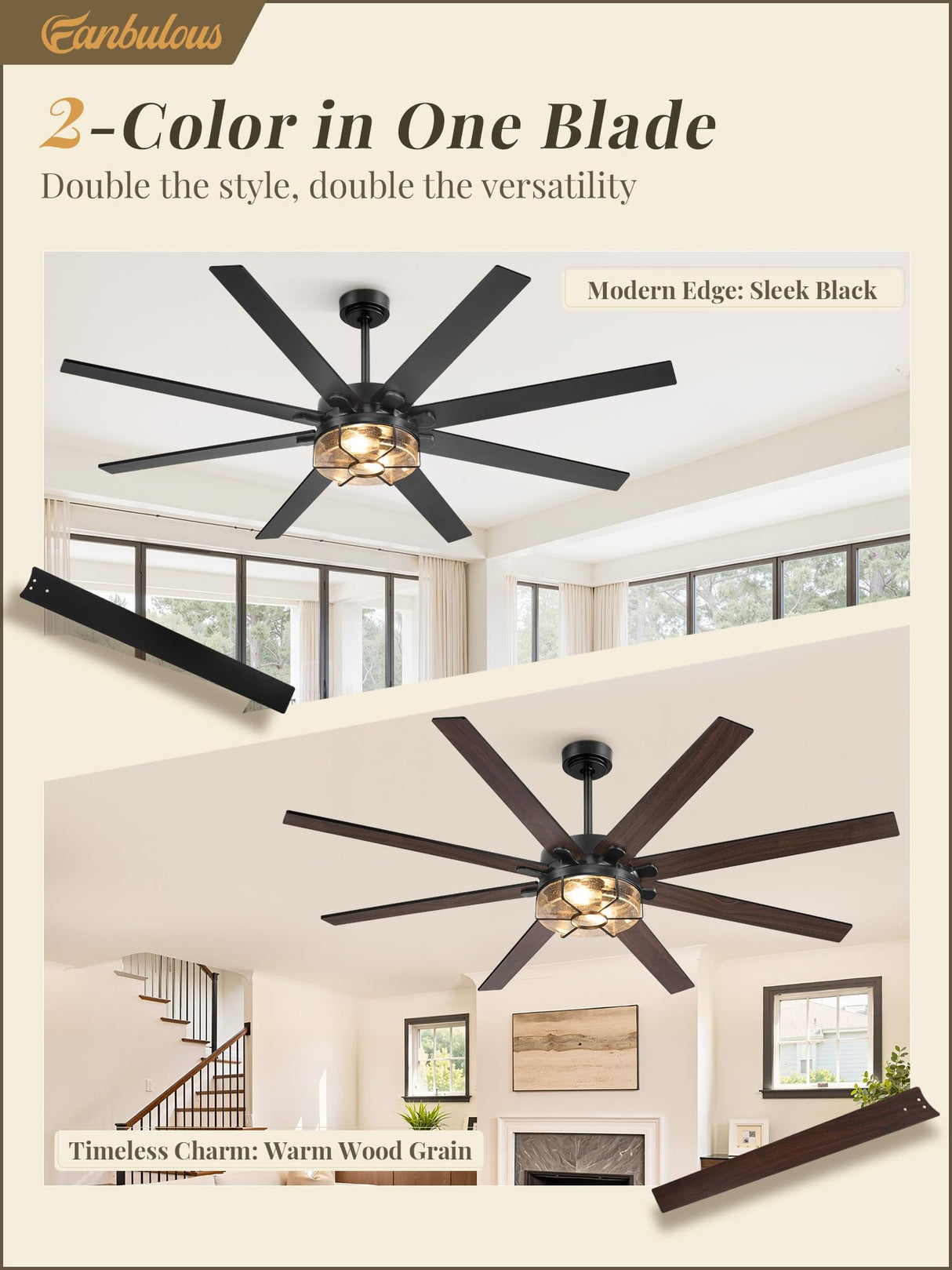 65 Inch Farmhouse Ceiling Fan with Lights & Remote Control, Quiet Reversible DC Motor, Wooden Blades, Seeded Glass Lampshade - Ideal for Bedroom, Living Room, Dining Room Fanbulous