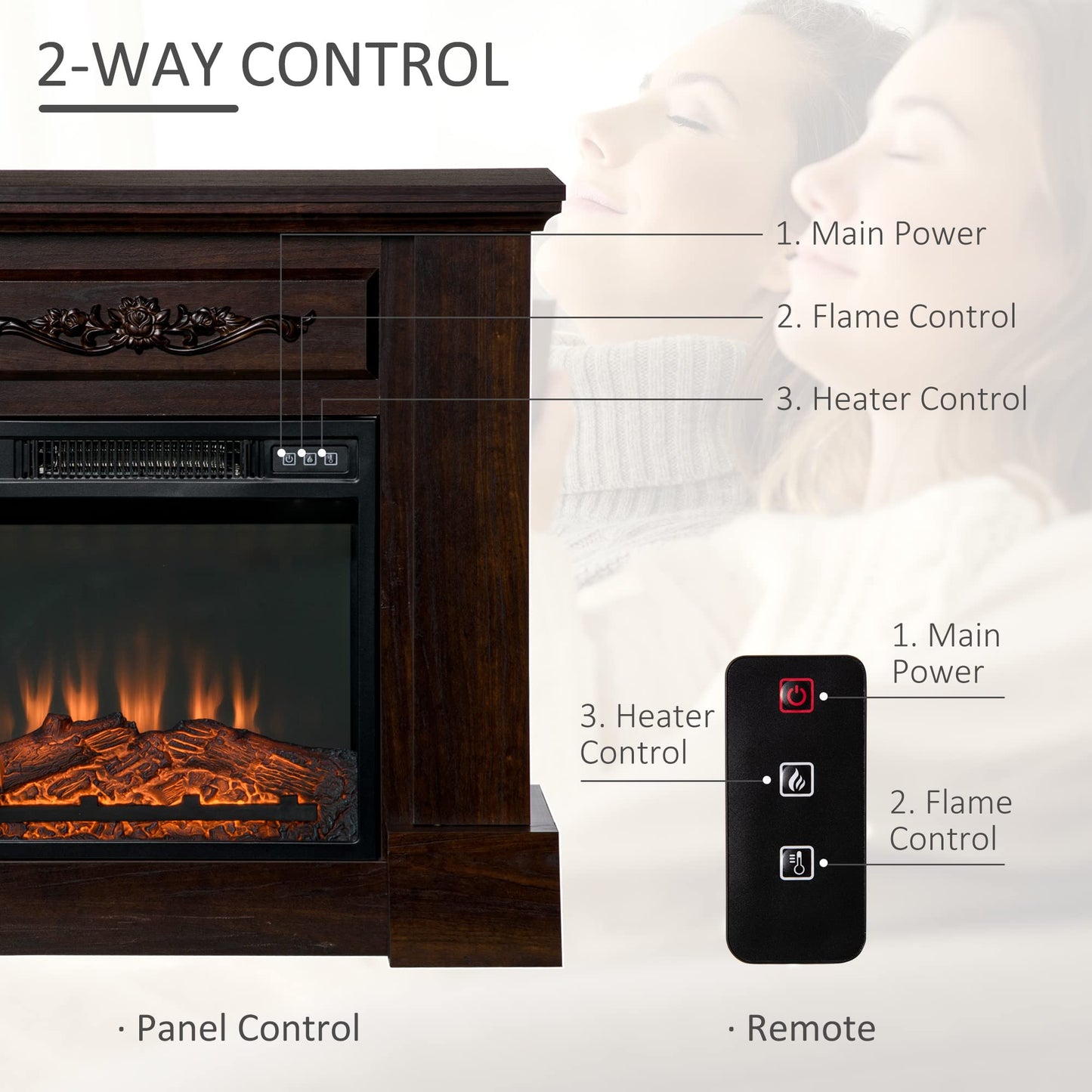 HOMCOM 32" Electric Fireplace with Mantel, Freestanding Heater with LED Log Flame, Overheat Protection and Remote Control, 1400W, Brown