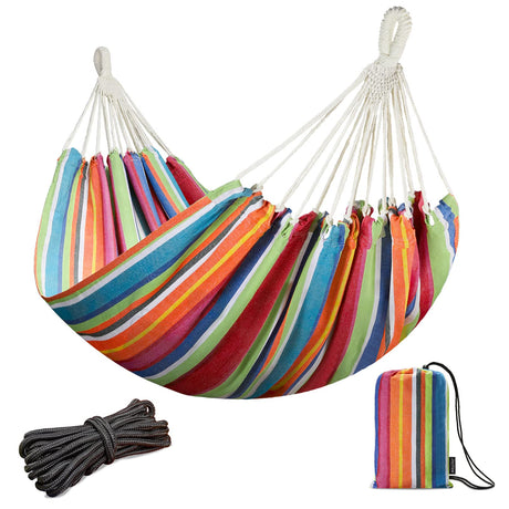 JoyView Brazilian Double Hammock with Hanging Ropes Extra Large 86.6x59” Portable Cotton Hammock for Patio Backyard Porch 450LBS Weight Capacity Perfect for Outdoor/Indoor - Color Stripes JoyView