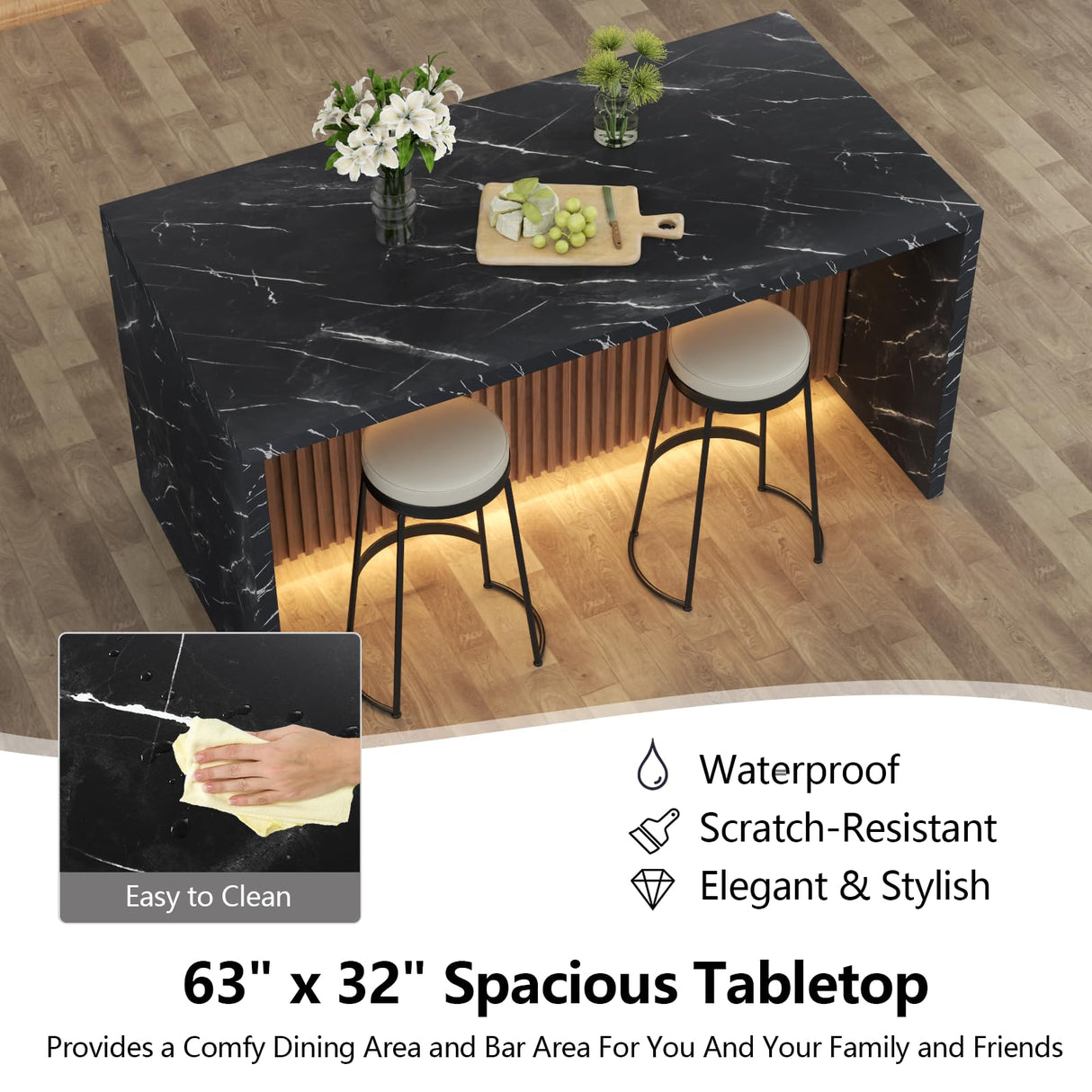 63" Large Imitation Marble Dining Table for 4-6 People, Island Table with LED Lights, Mordern Marble Stripes Kitchen Dining Table with Grille design for Dining Room, Home, Office, Living Room (Black) Gyfimoie