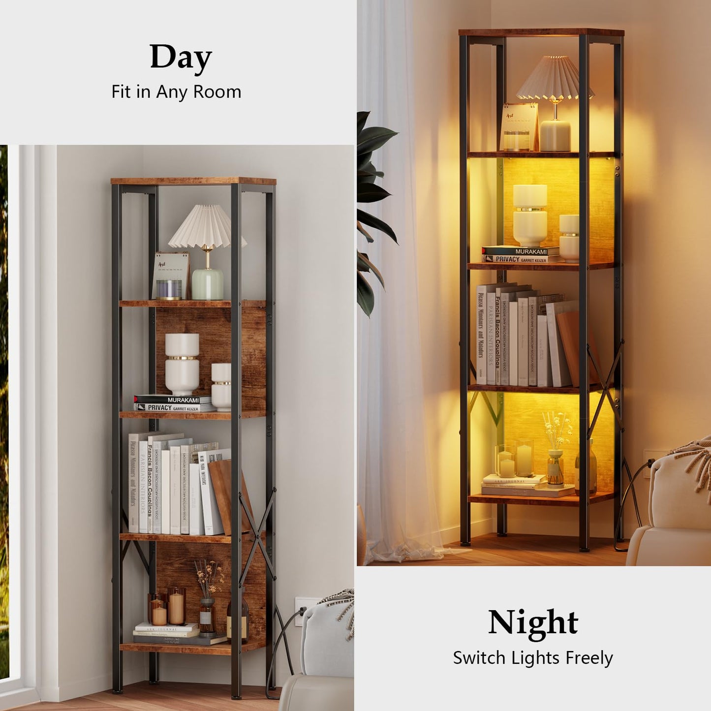 Furologee 5 Tier Bookshelf with LED Lights, Tall Display Shelf with Back, Industrial Narrow Bookcase, Metal and Wooden Corner Storage Standing Rack for Bedroom, Living Room, Office, Rustic Brown