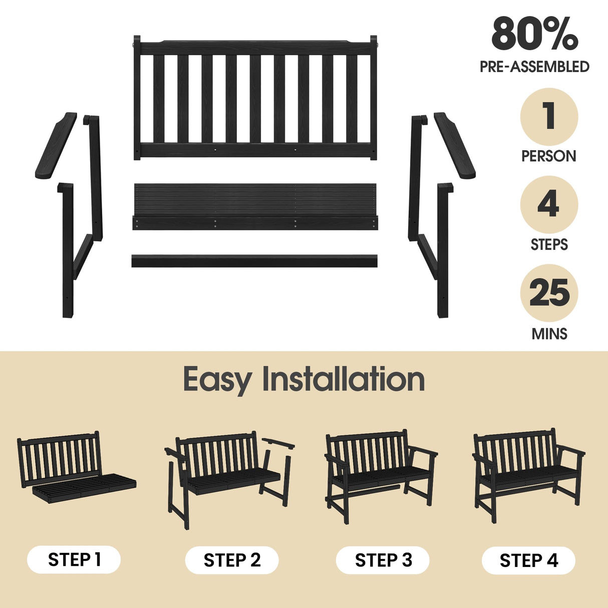 Ciokea 44" Outdoor Bench, HDPE Weatherproof Garden Bench, 2-Person Porch Benches with 550 Lbs, Waterproof Patio Benches for Outside Balcony Deck Backyard, Black Ciokea