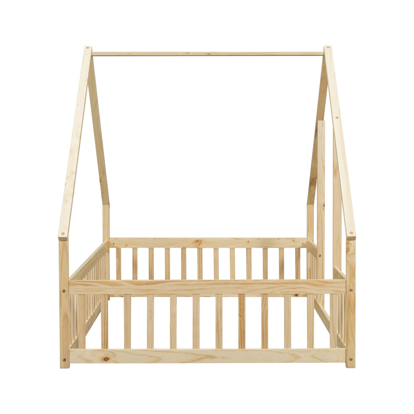 Bellemave Natural Wood House Floor Bed for Kids with Roof and Fence, Full Size Montessori Design