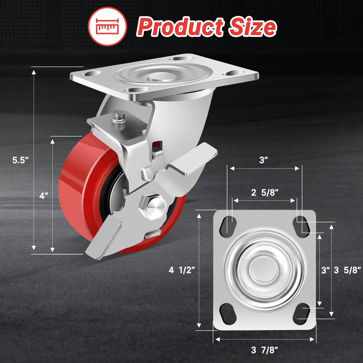 Nefish 4 Inch Heavy Duty Casters Wheels, Industrial Grade Polyurethane Casters Set of 4 with Dual Ball Bearing, Solid Polyurethane Wheel 2500 Lb, Plate Swivel Casters for Cart, Industrial, Machine Nefish