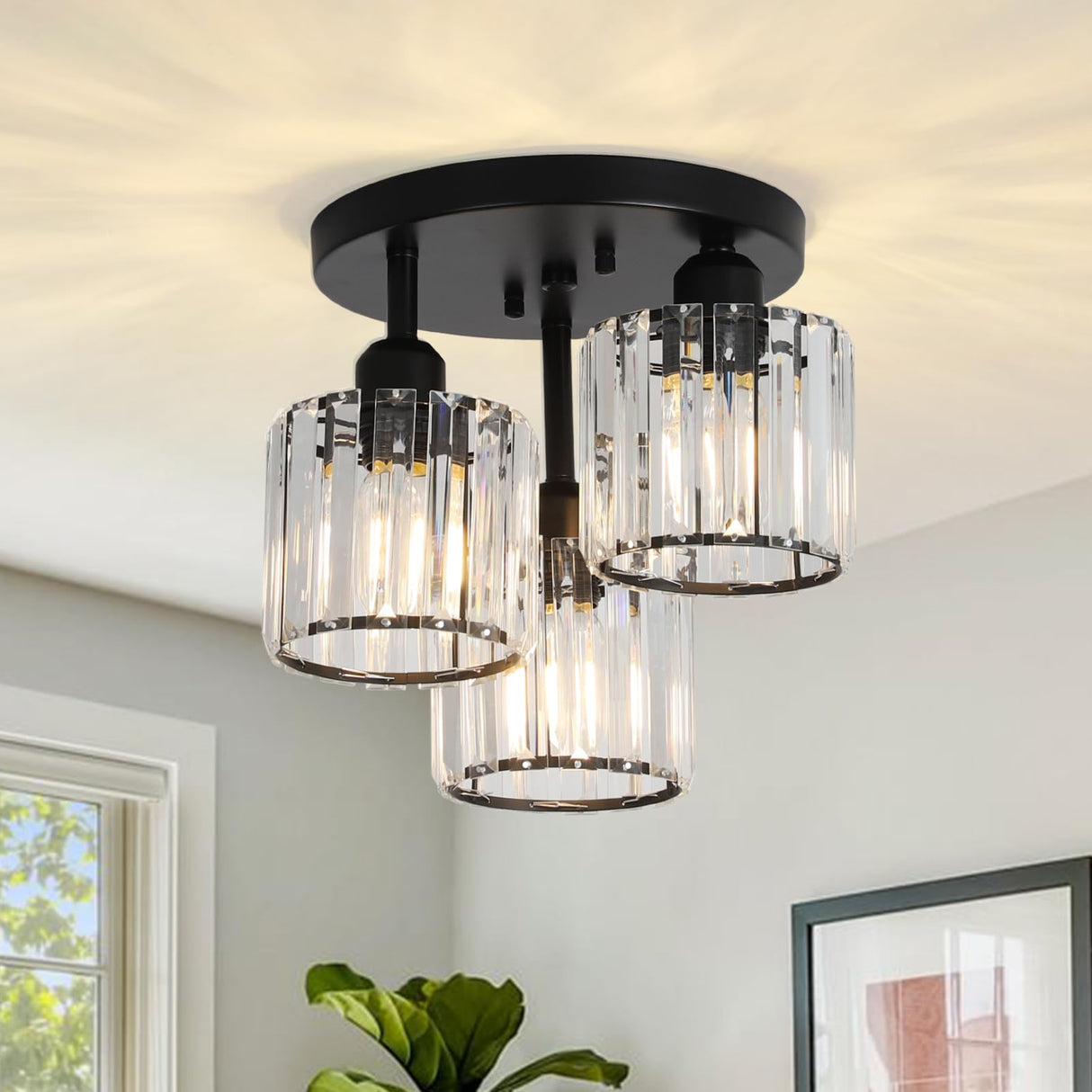 PAUFUL Crystal Semi Flush Mount Ceiling Light,3-Light Modern Close to Ceiling Light Fixtures,Black Kitchen Light Fixtures with Clear Crystal Shade,Hallway Light Fixtures for Hallway Bedroom Bathroom PAUFUL