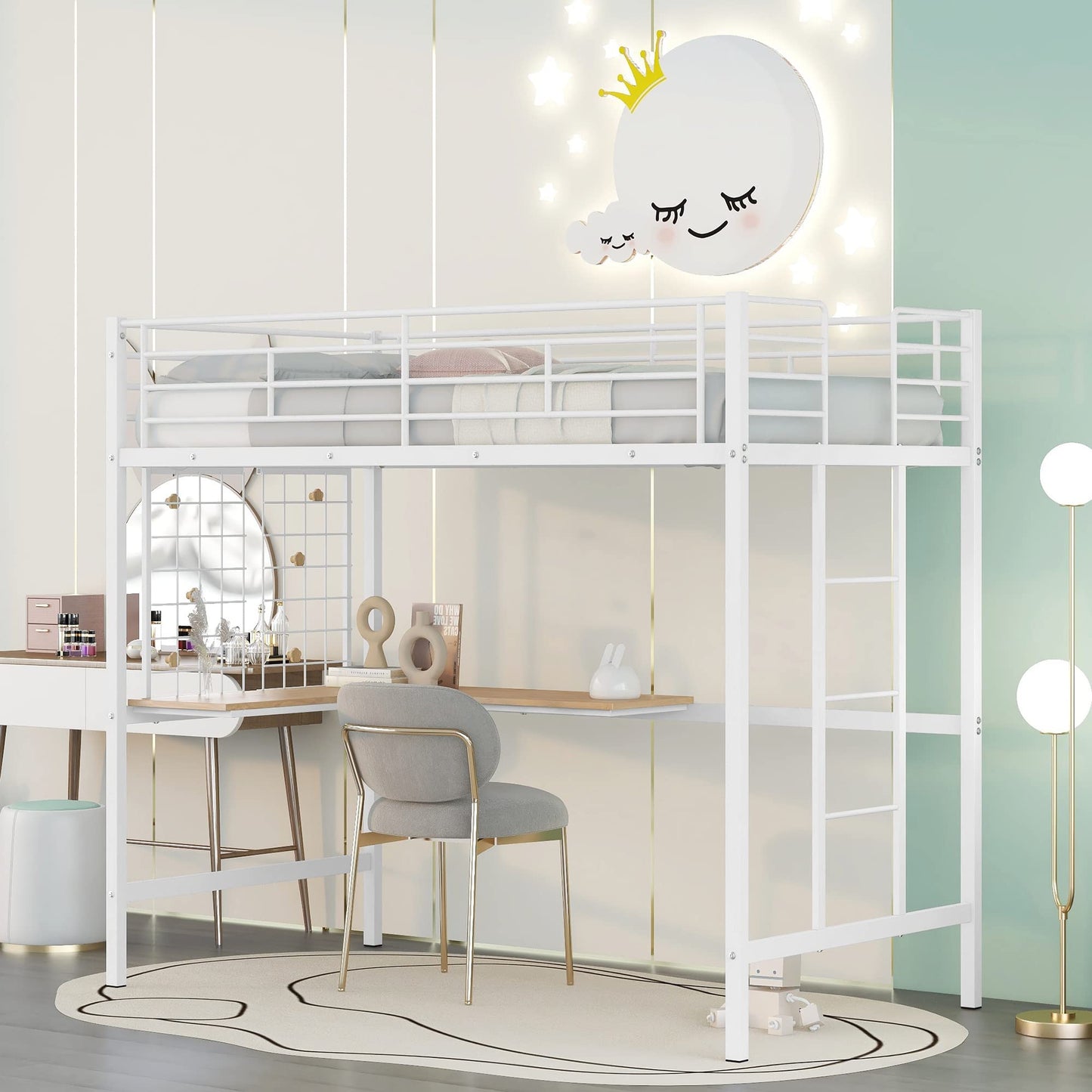 Harper & Bright Designs Twin Size Metal Loft Bed Frame, Loft Bed with L-Shape Desk and Metal Grid, Space Saving Loft Bed with Desk Underneath for Kids,Teens,White