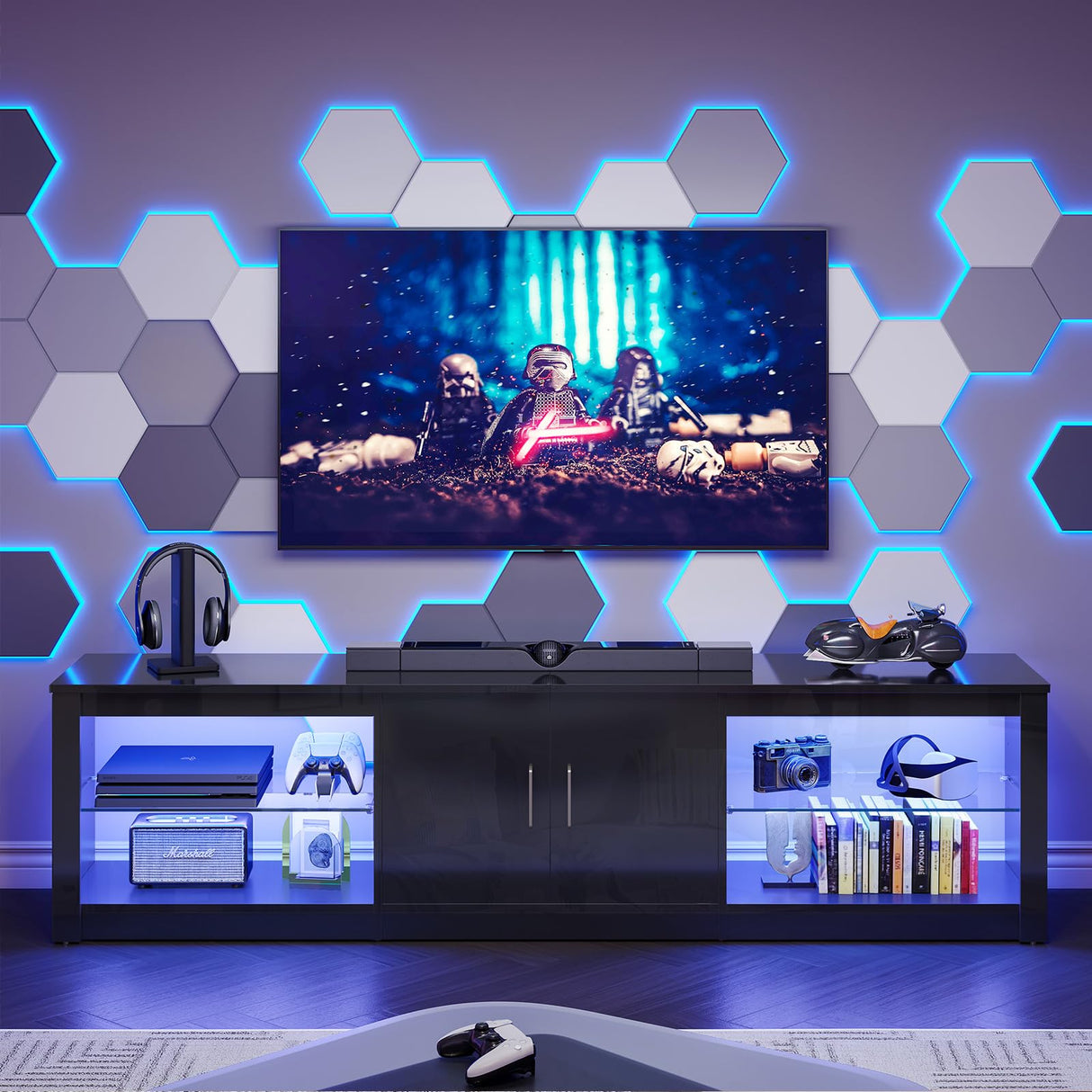 Bestier LED TV Stand for 75 Inch TV Large Entertainment Center Gaming with Storage Glass Shelves Two Cabinets Modern TV Console for Living Room Bestier