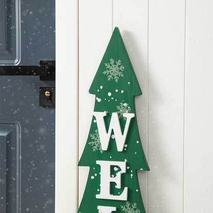 Glitzhome 42" H Wooden Welcome Christmas Tree Porch Sign with Berries Wreath Vertical Porch Sign in Xmas Tree Shape Farmhouse Hanging Sign Decorations for Front Door Wall Display