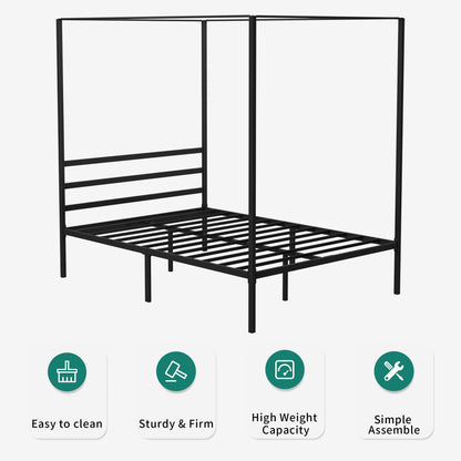 YITAHOME Metal Four Poster Canopy Bed Frame, 14 Inch Platform Bed with Built-in Headboard Strong Metal Slat Mattress Support, No Box Spring Needed, Black, King Size